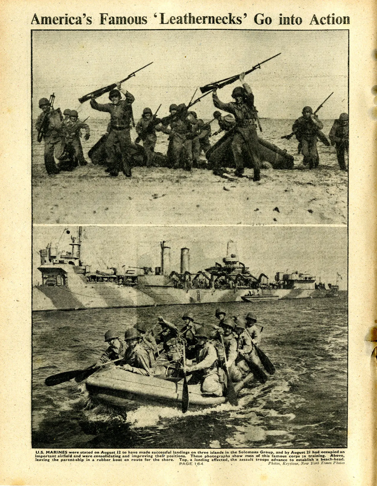A page of "The War Illustrated" showing two photos of American Marines. The top photo shows Marines disembarking from landing craft and rushing forward with their rifles over their heads. The second photo shows Marines paddling a boat away from a small warship.